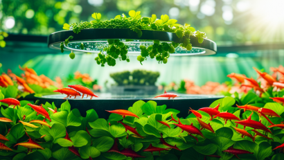 An image showcasing a lush, self-sustaining aquaponics system