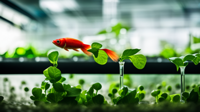 An image showcasing a small-scale aquaponics system, with a clear fish tank connected to plant beds filled with vibrant green vegetables