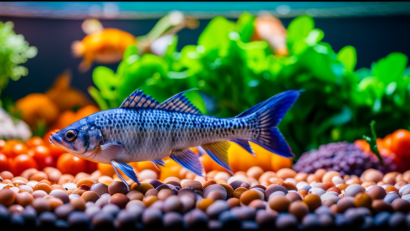 An image showcasing a variety of fresh, vibrant fish food options, ranging from nutrient-rich pellets and flakes to organic greens and live insects, all neatly arranged to help aquaponics enthusiasts make the perfect choice