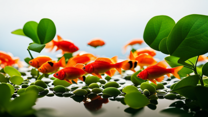 An image showcasing a diverse array of vibrantly colored fish flakes, pellets, and live organisms floating graciously in crystal-clear water, surrounded by lush aquatic plants, to illustrate the importance of selecting the perfect fish food for thriving aquaponics systems