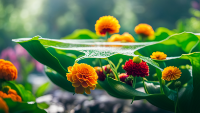 An image showcasing a lush aquaponics garden with an intricate web of companion plants, such as vibrant marigolds, fragrant basil, and climbing beans, intermingling harmoniously with thriving fish and healthy vegetables