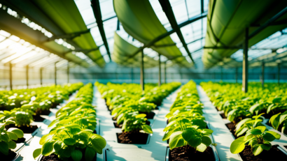 An image showing a vibrant, high-tech commercial aquaponics system