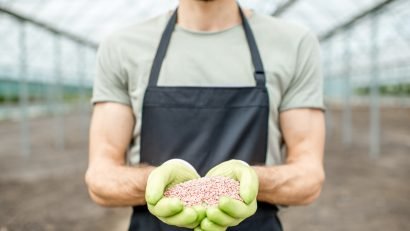 Farmer holding mineral fertilizers