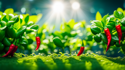 An image showcasing a vibrant aquaponics system, with healthy chili pepper plants thriving amidst lush greenery