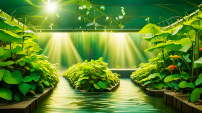 An image showcasing a thriving aquaponic cucumber garden