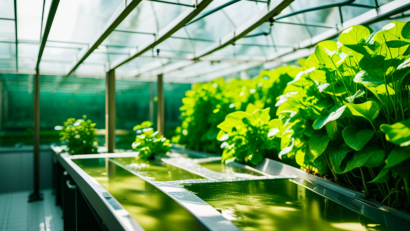 An image showcasing a futuristic aquaponics farm with lush green plants thriving in water tanks, fish swimming happily beneath, and a solar-powered system seamlessly integrated, symbolizing the profitable and sustainable future of aquaponics farming