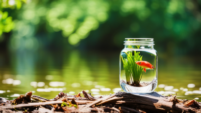 An image showcasing a small mason jar filled with vibrant green aquatic plants floating atop crystal-clear water, with a delicate ecosystem of colorful fish swimming amongst the roots