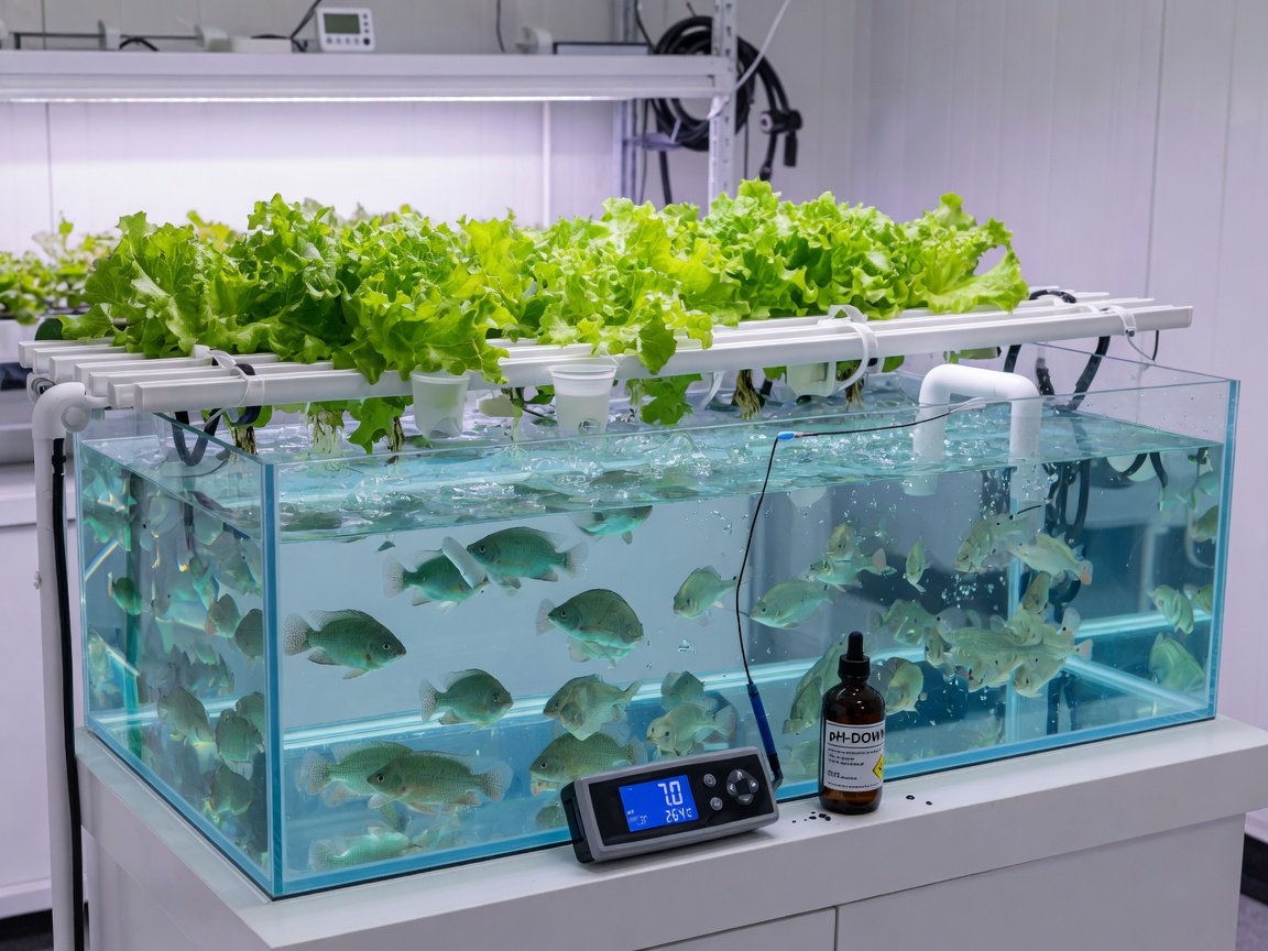 Indoor aquaponics system with NFT lettuce channels, fish tank, and digital pH meter showing 7.0
