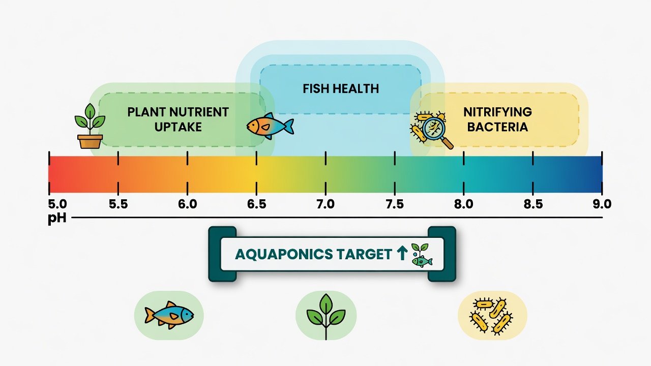 pH scale infographic for aquaponics showing optimal zones for fish, plants, and nitrifying bacteria at 6.8–7.2