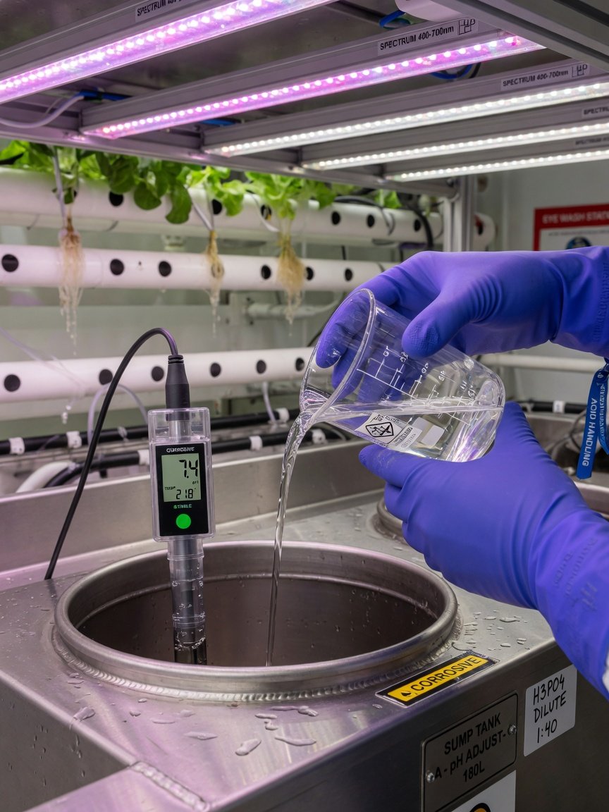 Gloved hands carefully adding diluted phosphoric acid from a graduated beaker into an aquaponics sump tank
