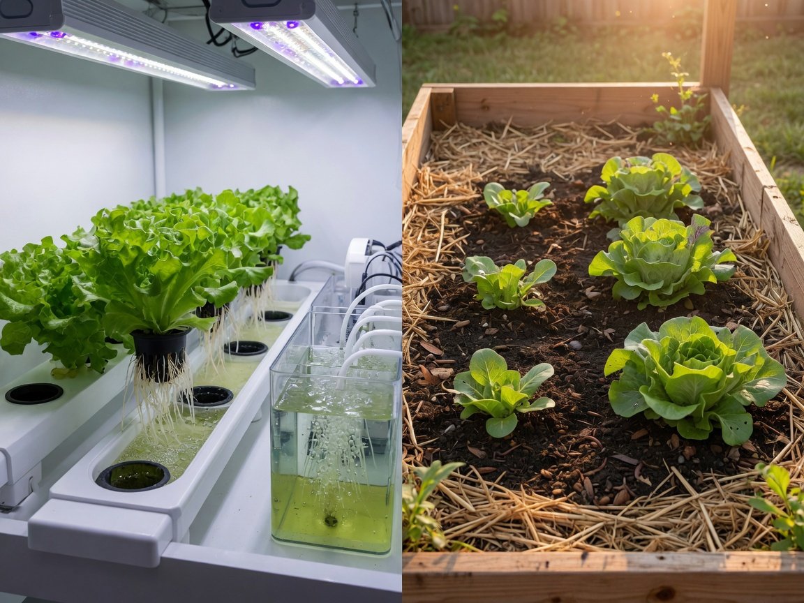 Side-by-side comparison of an indoor hydroponic lettuce system and an outdoor raised soil garden bed
