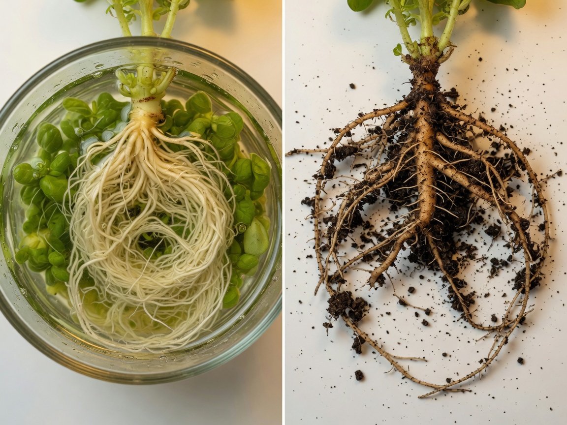 Close-up comparison of hydroponic plant roots in nutrient water versus a soil root system with visible root hairs