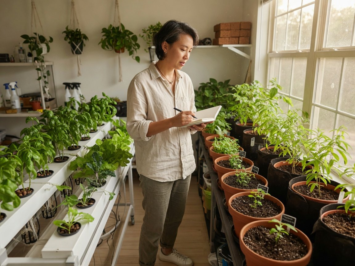 Person thoughtfully examining plants in a bright grow room comparing hydroponic and soil growing setups