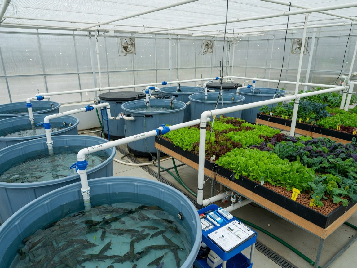 Aquaponics farm setup showing fish tanks and grow beds inside a bright greenhouse