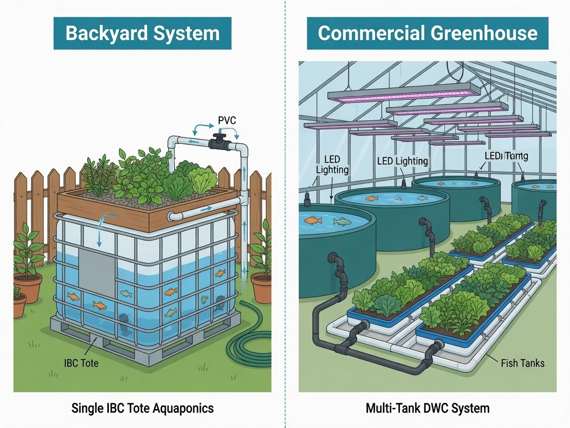 Split illustration comparing small backyard IBC tote aquaponics system with large commercial greenhouse aquaponics operation