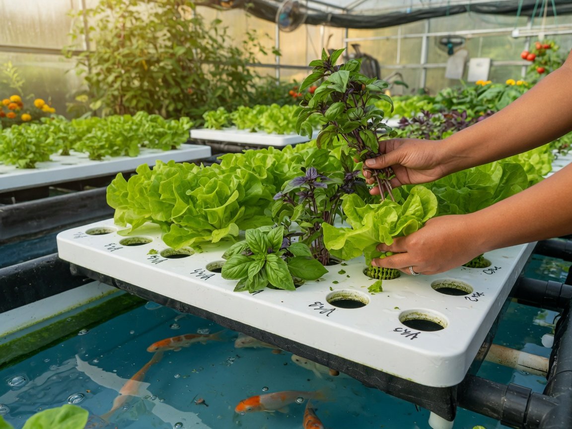 Aquaponics grower harvesting fresh herbs and lettuce from grow beds above a fish tank