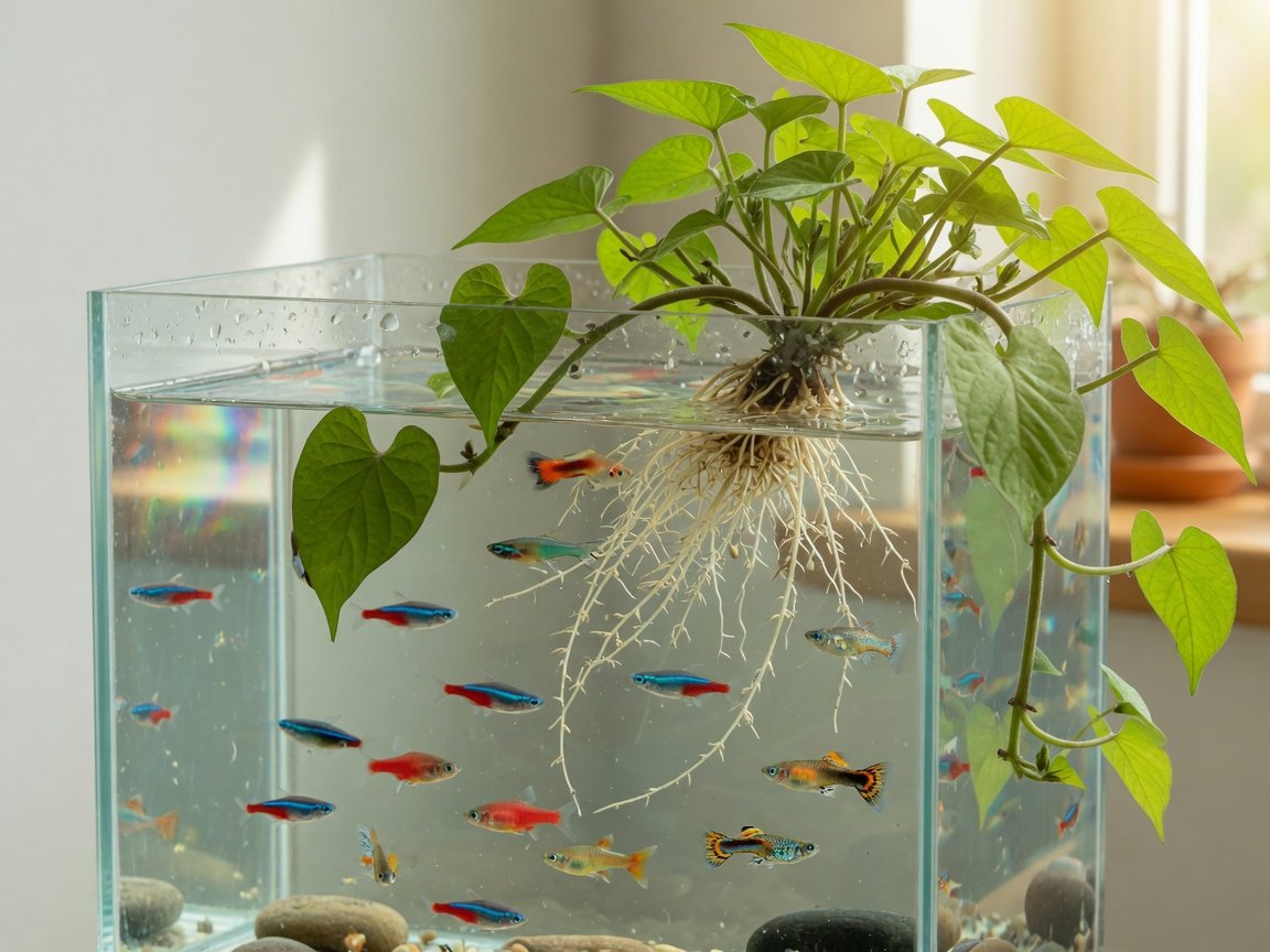 Sweet potato vine growing over a freshwater aquarium with white roots trailing into clear fish tank water