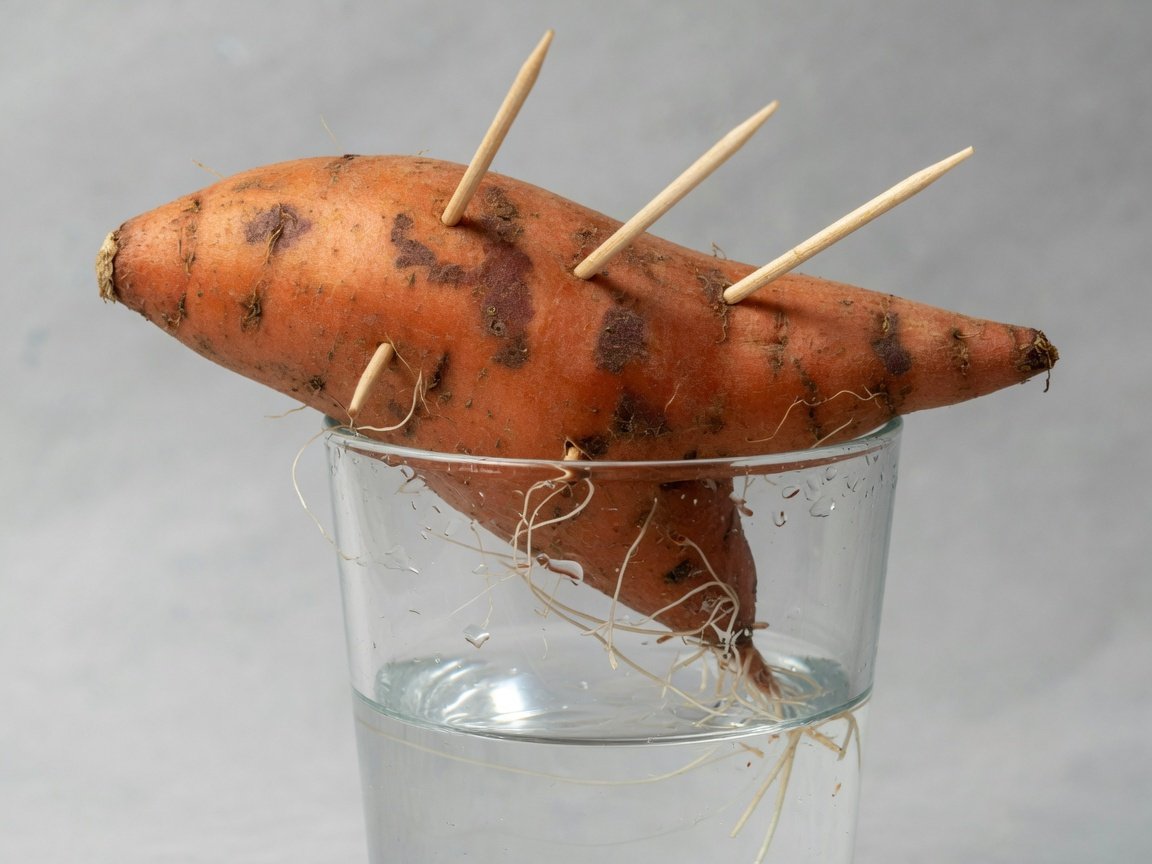 Organic sweet potato suspended over water with toothpicks showing fine white root threads emerging from the submerged end