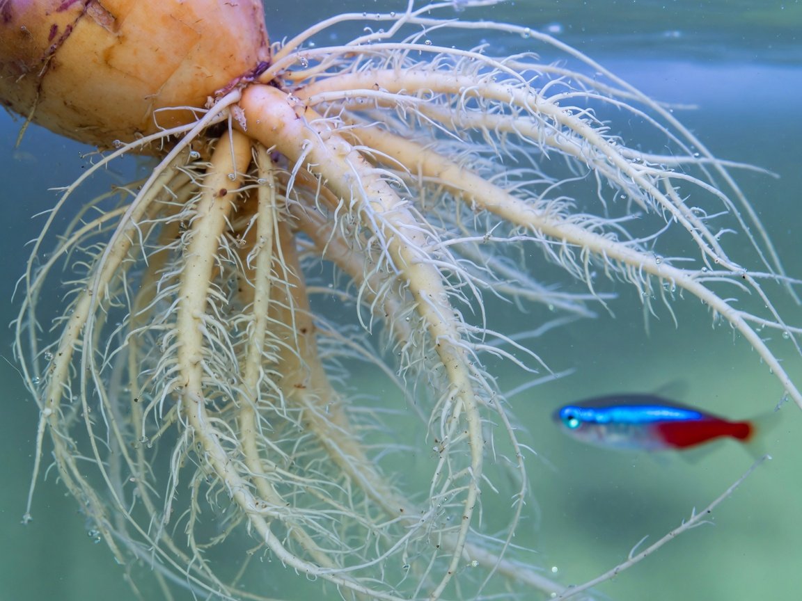Dense sweet potato root mass submerged in clear aquarium water providing natural nitrate filtration for freshwater fish
