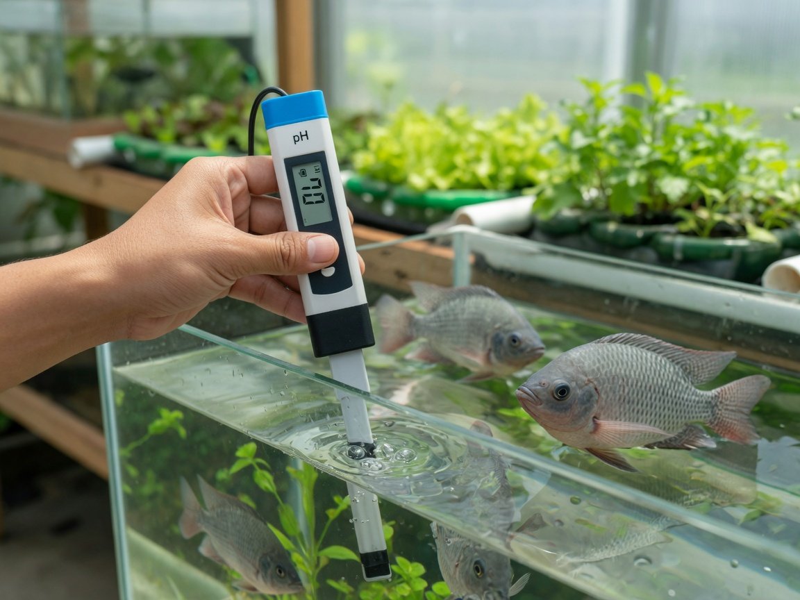 Digital pH meter being used to test water in an active aquaponics fish tank with tilapia visible