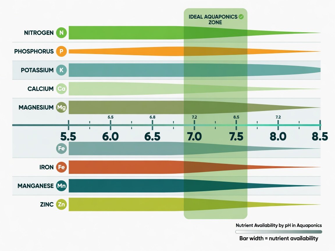 Flat-design infographic showing nutrient availability across the pH scale from 5.5 to 8.5 for aquaponics