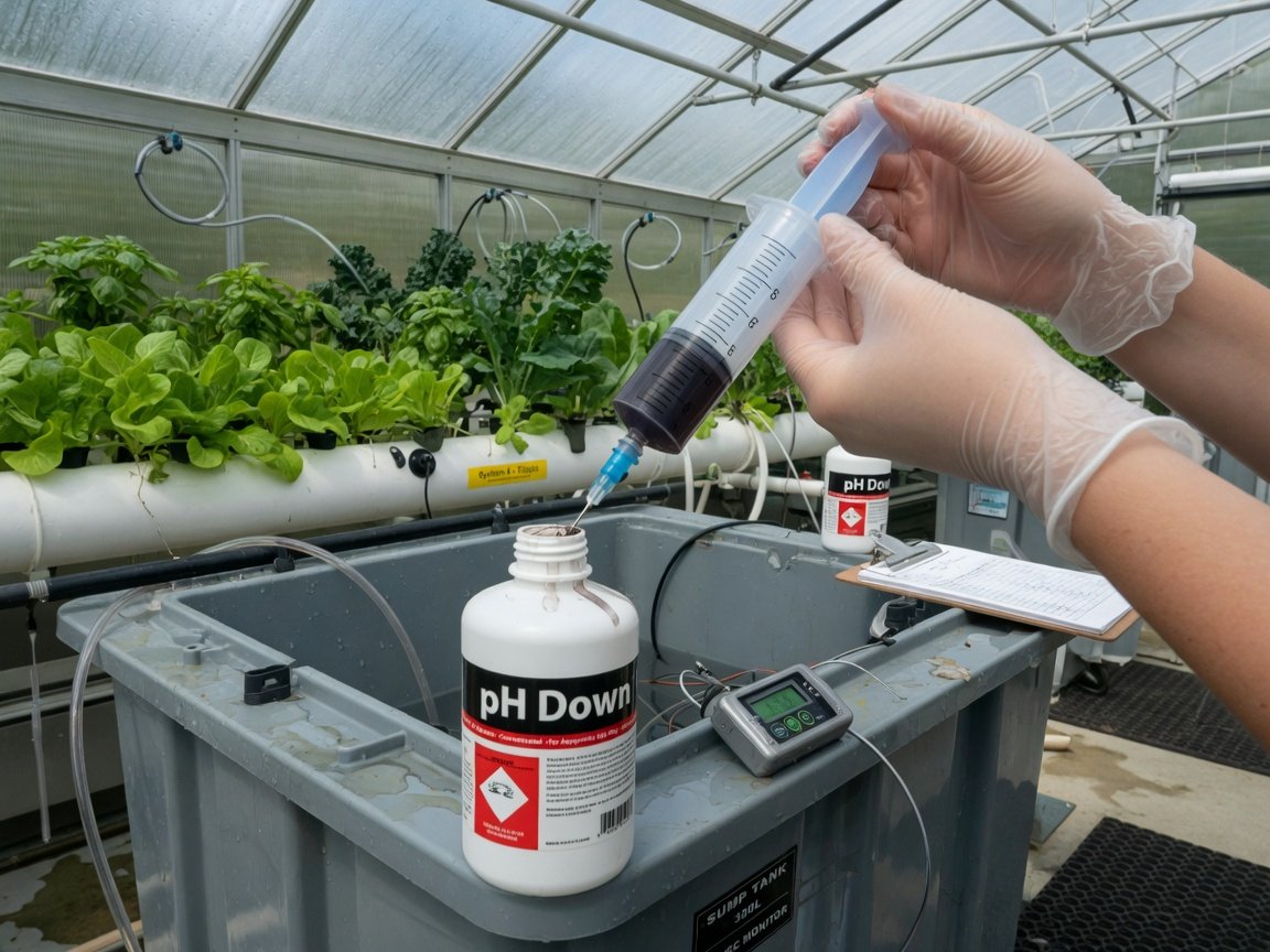 Aquaponics grower carefully adding pH adjustment solution to a sump tank using a measuring syringe