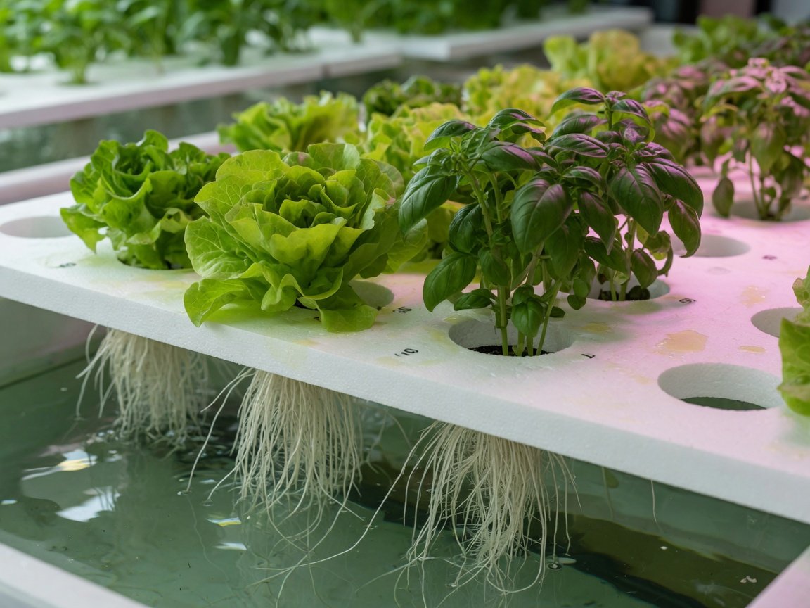 Lettuce and basil plants growing in floating raft aquaponics with healthy white roots visible in nutrient water