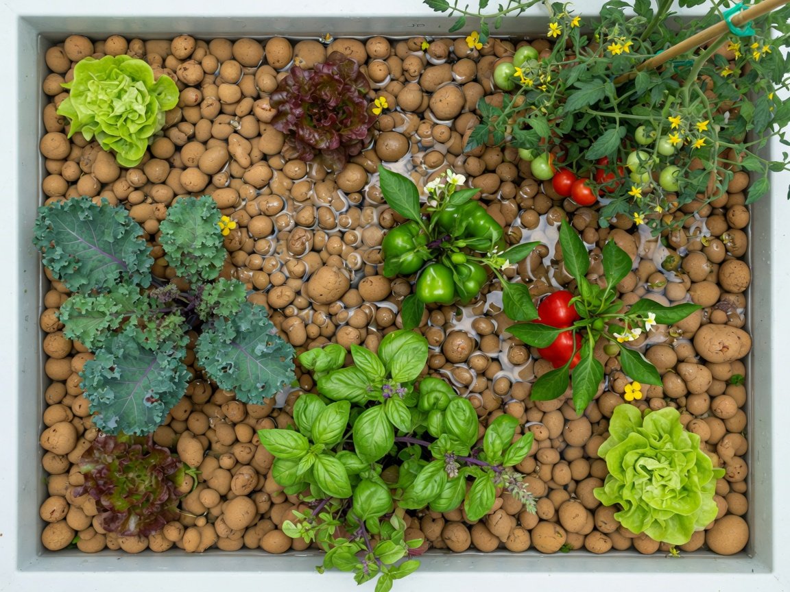 Overhead view of aquaponics media bed with tomatoes, peppers, herbs and leafy greens growing in clay pebbles
