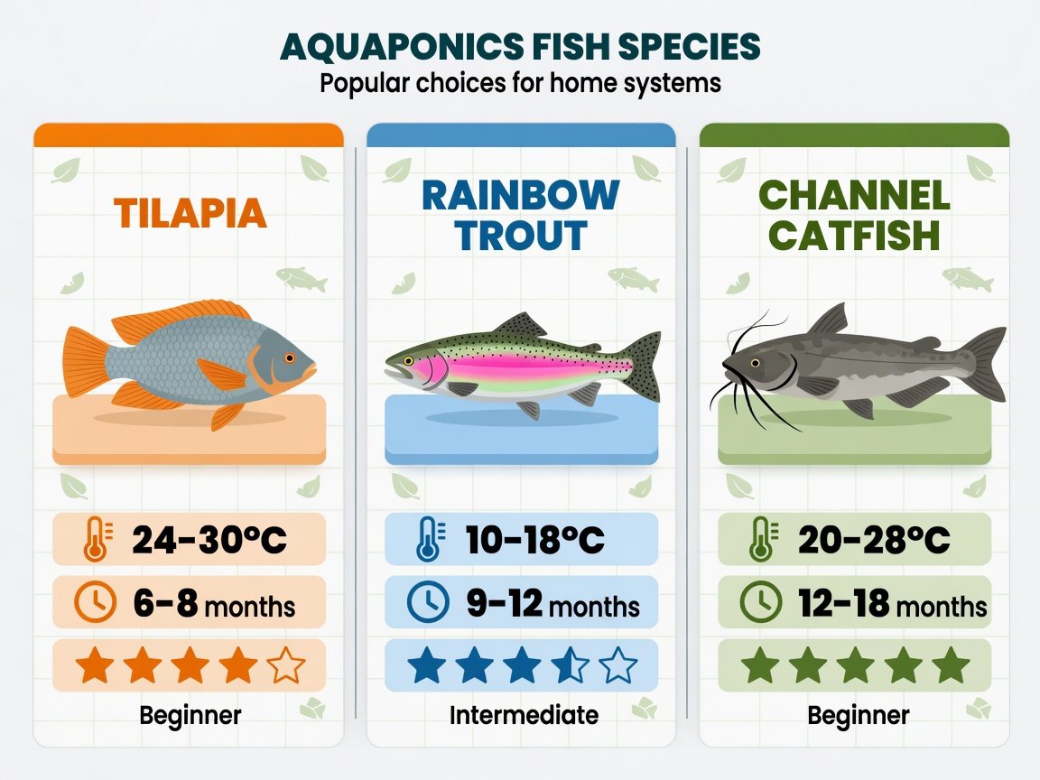 Flat-design infographic comparing tilapia, rainbow trout, and channel catfish for aquaponics