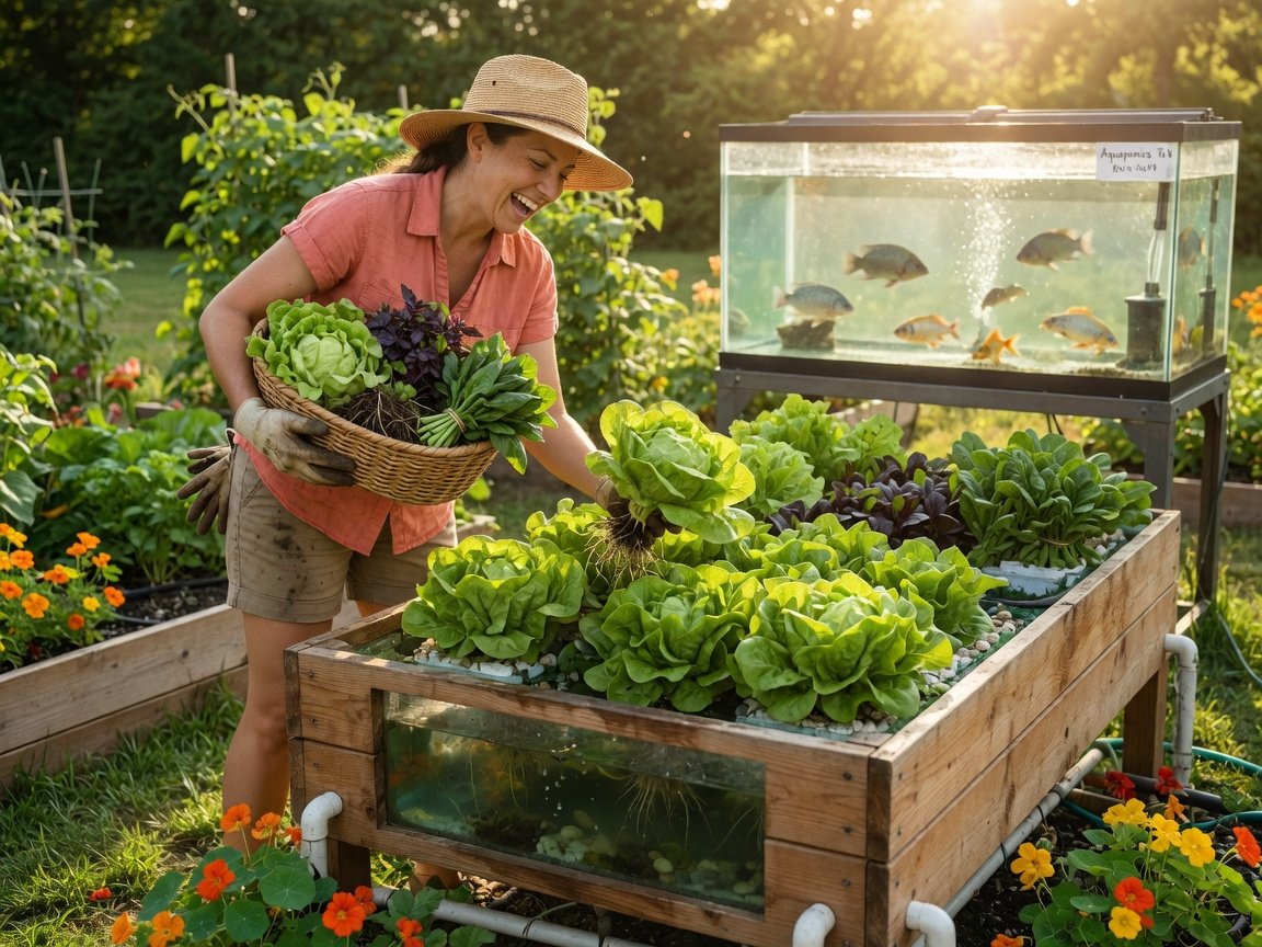 Person harvesting fresh leafy vegetables from a thriving backyard aquaponics grow bed