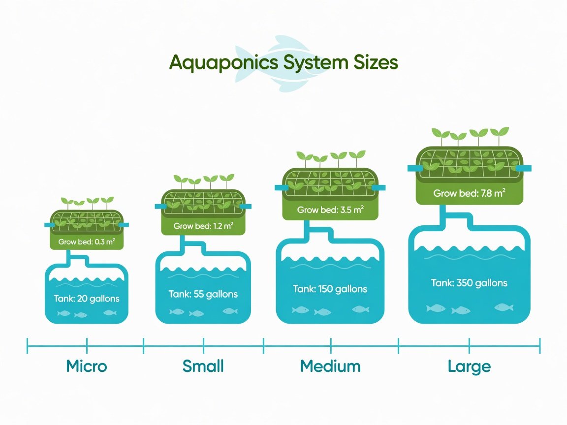 Aquaponics system size comparison infographic showing four tiers from micro desktop to large commercial scale