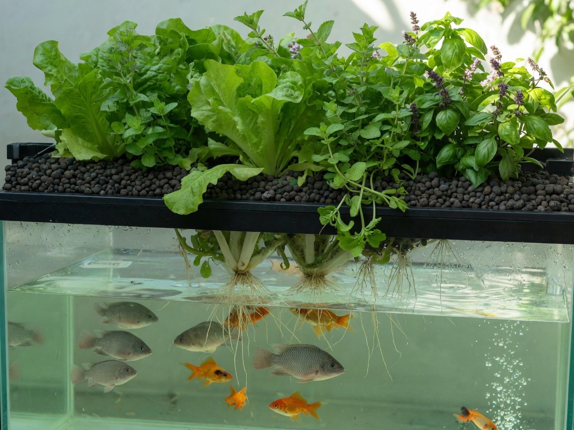 Thriving aquaponics media grow bed with mature lettuce and herbs above a healthy fish tank