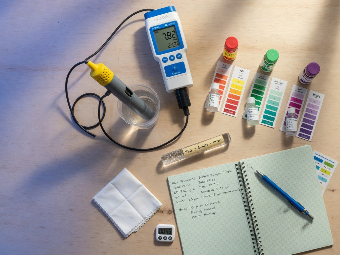 Aquaponics water quality testing kit showing pH ammonia nitrite and dissolved oxygen meters on a wooden surface