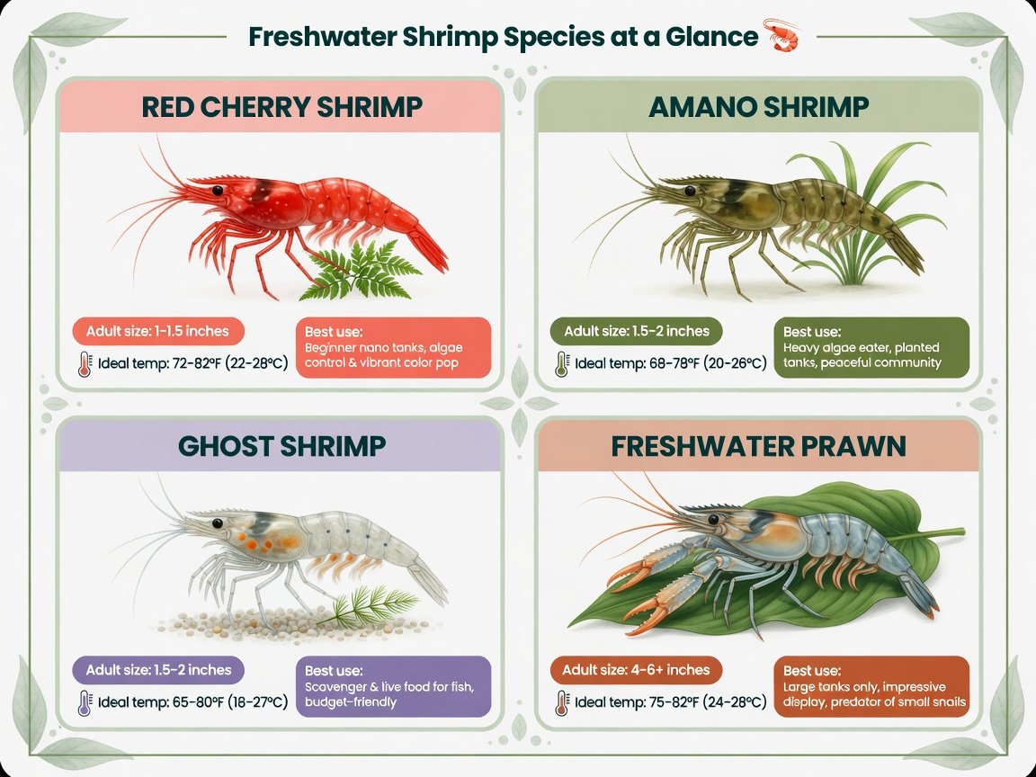 Comparison chart of four freshwater shrimp species for aquaponics systems in 2026