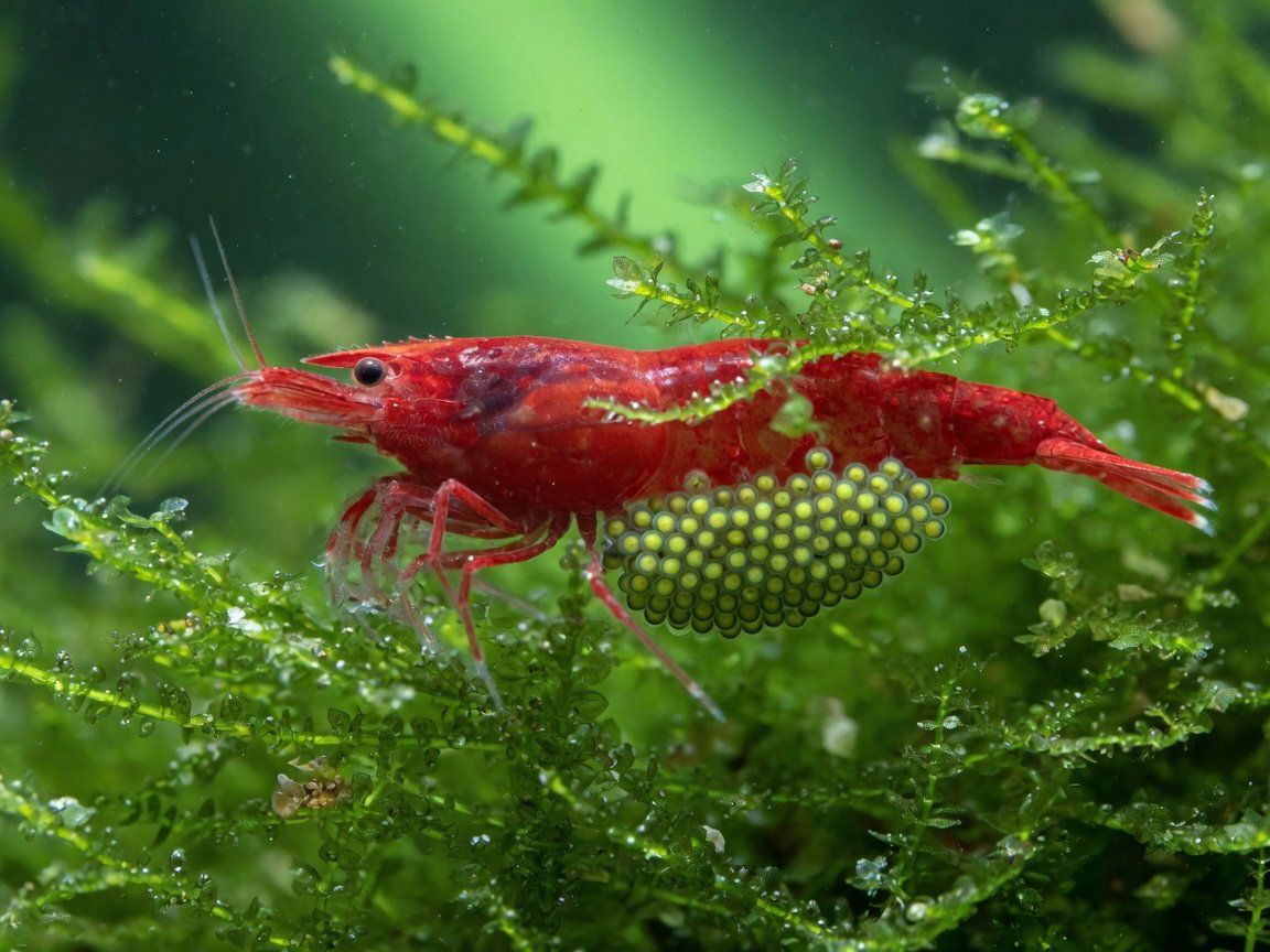 Berried female Red Cherry Shrimp carrying eggs in a planted aquaponics system
