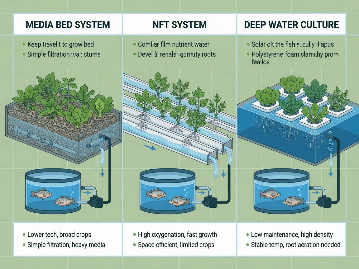 Three aquaponics system types compared media bed NFT nutrient film technique and deep water culture raft system