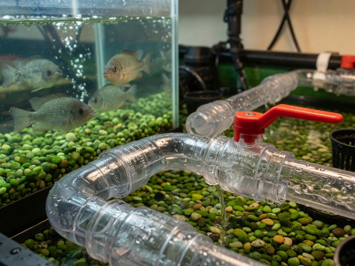 Aquaponics flow dynamics visual showing water velocity zones and pipe sizing across a flood and drain media bed system