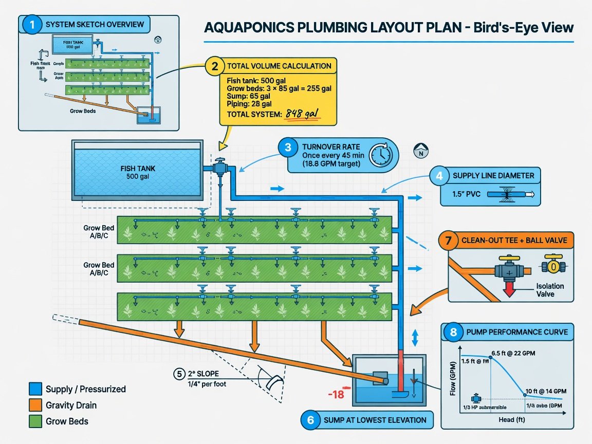 Step-by-step aquaponics plumbing design diagram with numbered build stages, pump placement, and drain slope annotations
