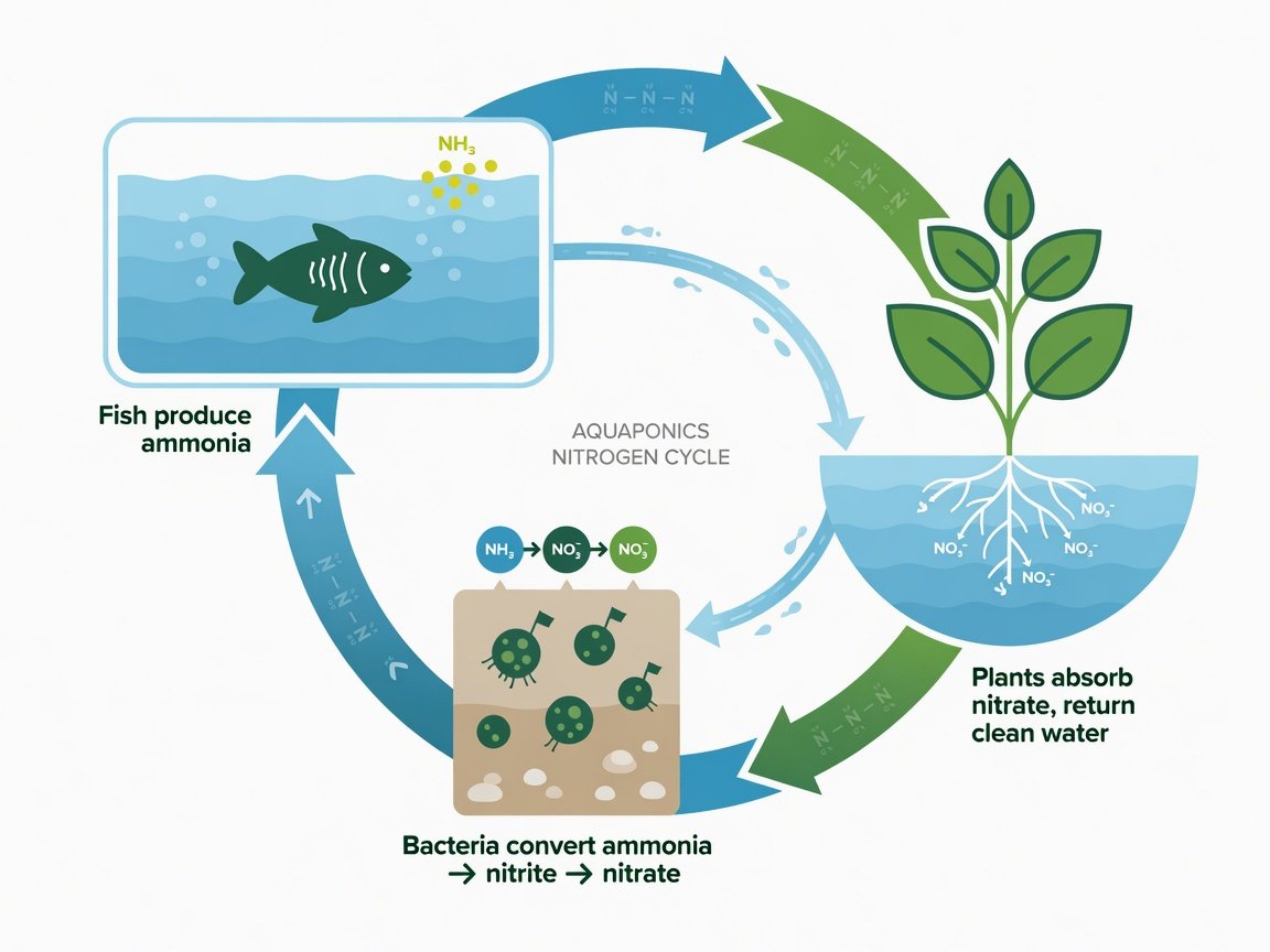 Diagram illustrating the aquaponics nitrogen cycle — fish waste converted by bacteria into plant nutrients in a closed loop
