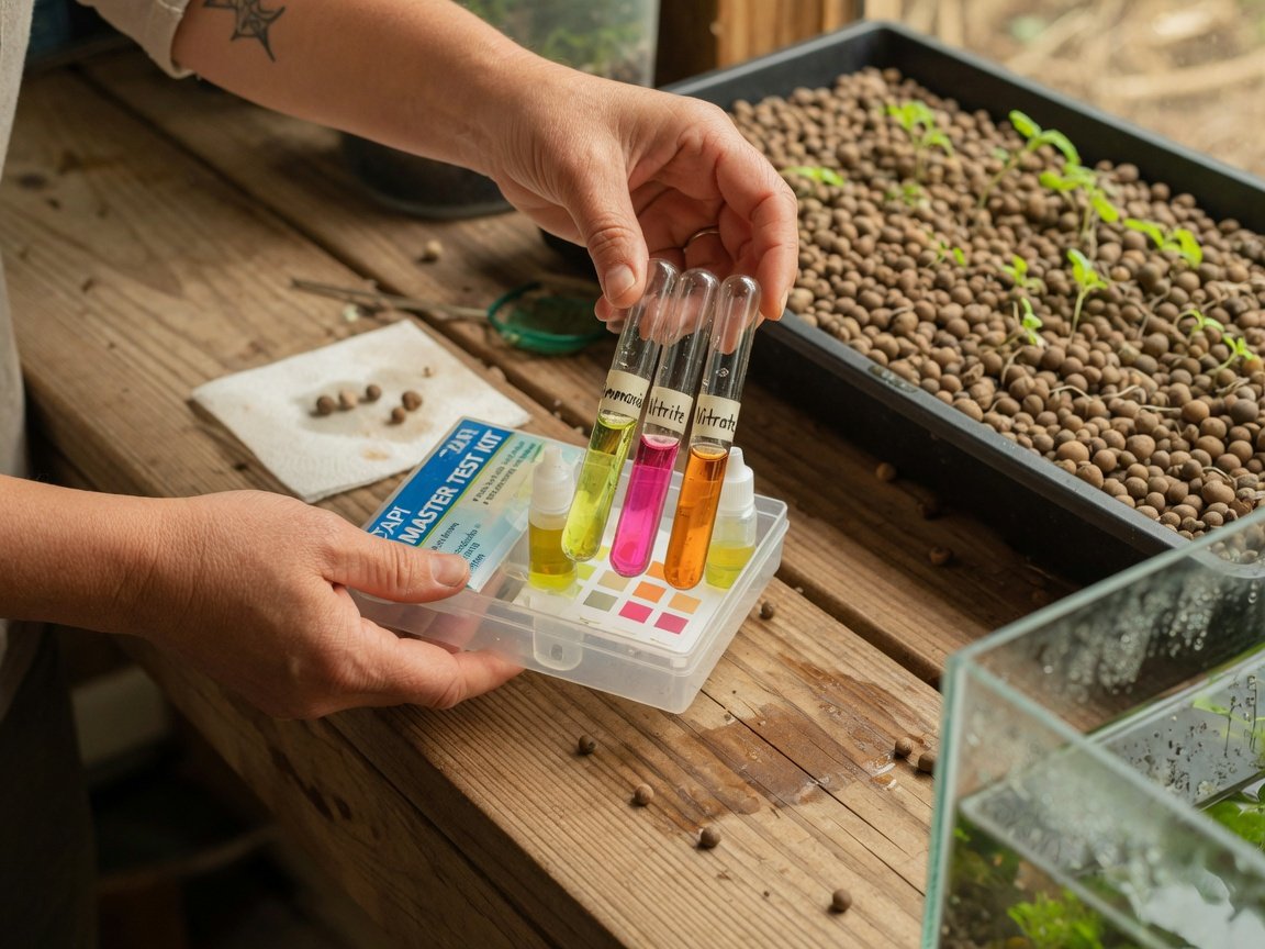 Person testing aquaponics water quality with a liquid test kit beside a fish tank during system cycling