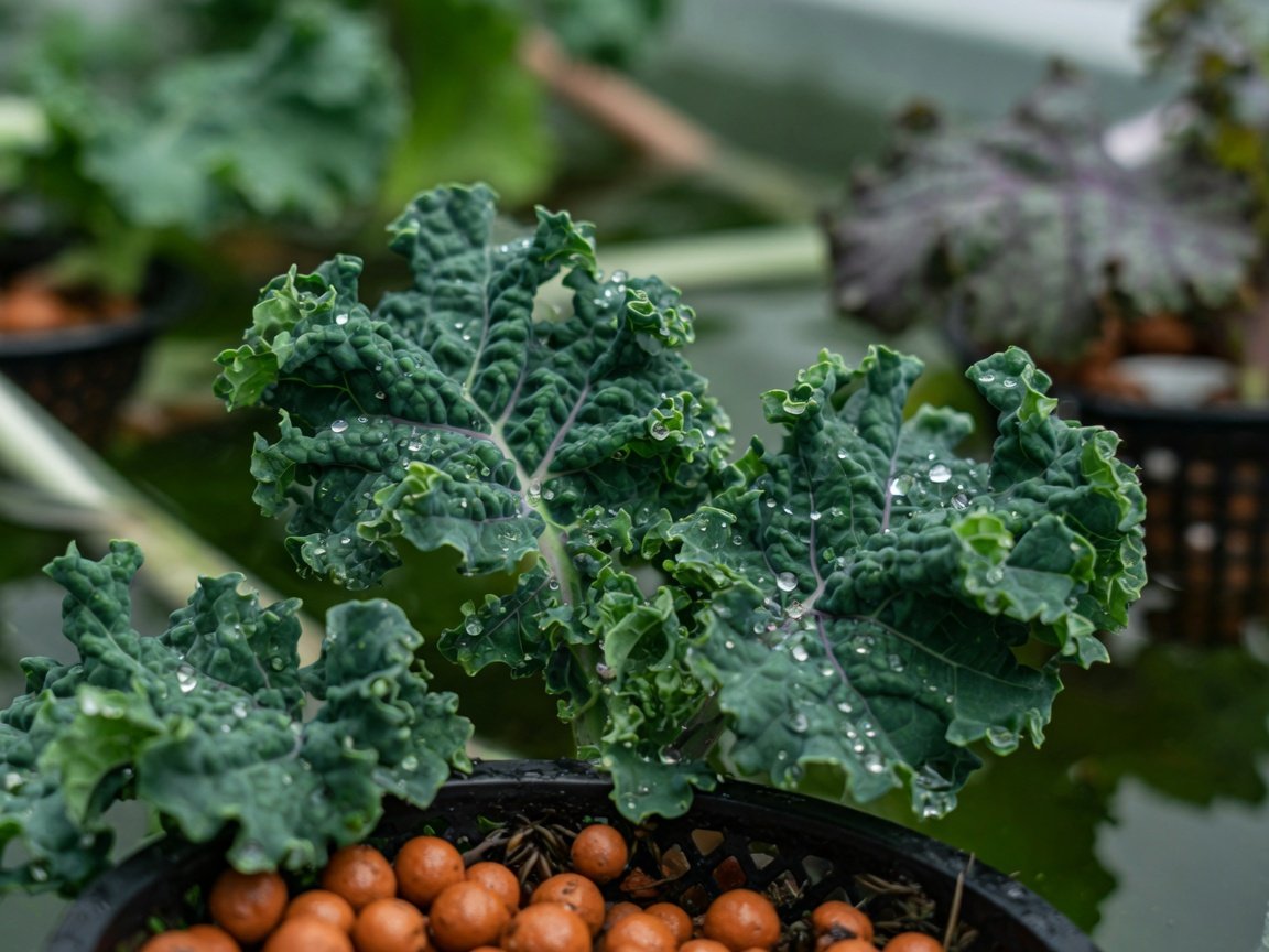 Close-up of dark green curly kale leaves in aquaponics system showing nutrient-dense leaf texture and colour