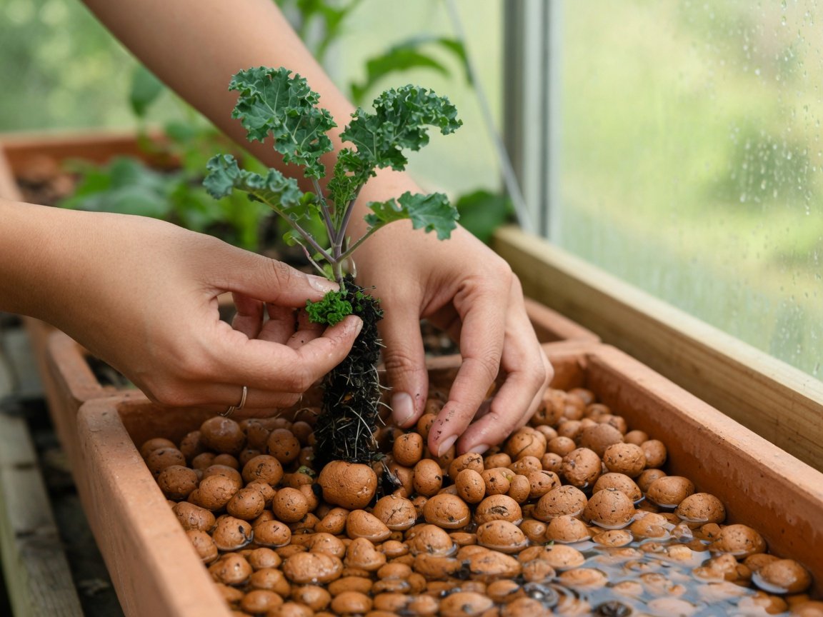 Hands transplanting young kale seedlings into clay pebble aquaponics media bed at correct 6-8 inch spacing