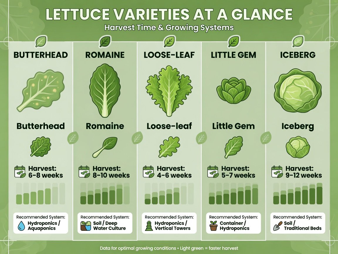 Comparison chart of aquaponic lettuce varieties with growing times and system types displayed