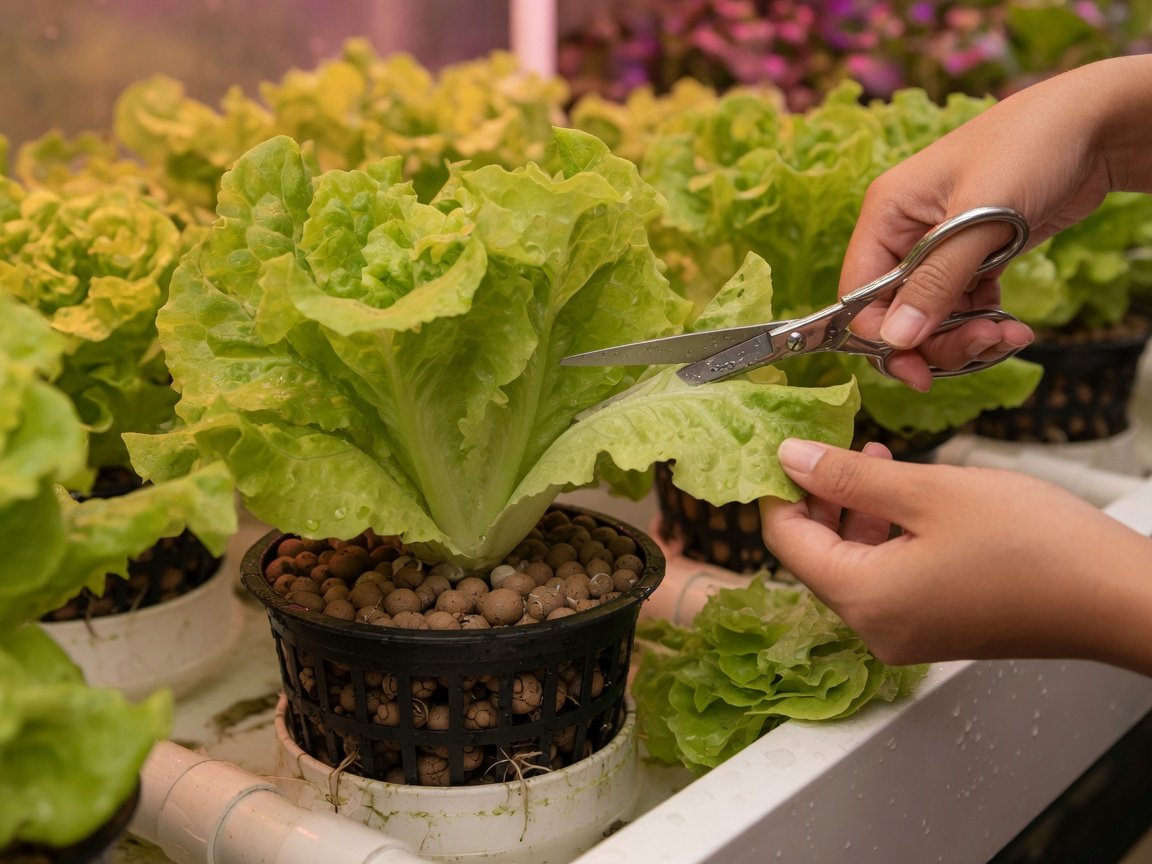 Hands using scissors to harvest outer leaves from aquaponic lettuce using cut-and-come-again method