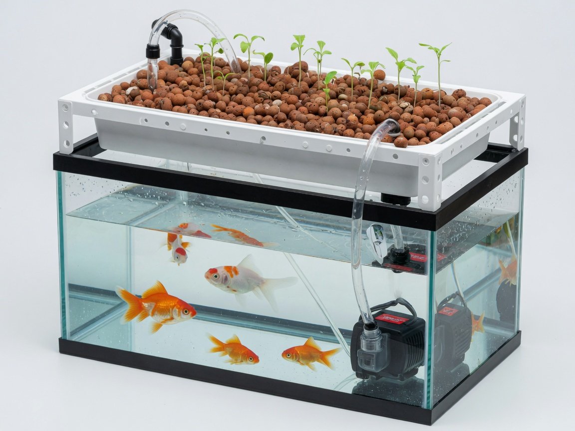 Compact 20-gallon aquaponics starter system with goldfish tank below and arugula grow bed on top